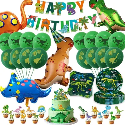 Produktbild von Dino Geburtstag Deko Set 82 Teile für 20 Gäste mit Folienballons, Girlande, Servietten & Tortendeko
