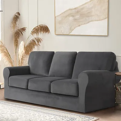 Produktbild von Samt-Stretch-Sofabezug mit separatem Rückenlehnenbezug und Sitzkissenbezug, Anti-Rutsch-Sessel-Sofa-Überzug mit Gummiband für Wohnzimmer (3-sitzer, Dunkelgrau)