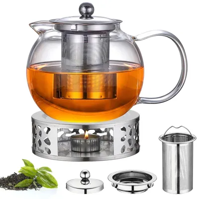 Produktbild von Teekanne mit Siebeinsatz und Deckel 1.3L Borosilikatglas mit Stövchen