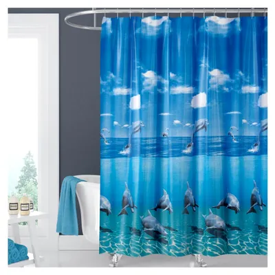 Produktbild von Textil Duschvorhang 120 x 200 cm Delfin im Meer Blau Weiss inkl. Ringe