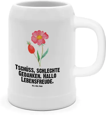Produktbild von Mr. & Mrs. Panda Krug Blume Hagebutte - Weiß - Geschenk, Humpen, Seidel, Blumen, Bier, Lebensfreude, Schlechte Gedanken, Steinkrug