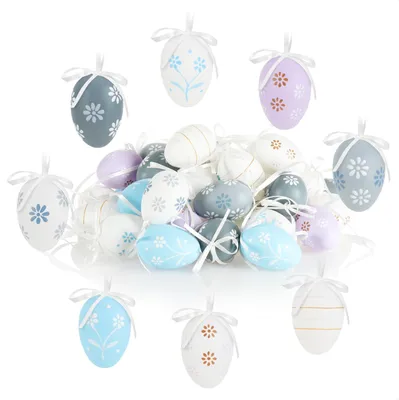 Produktbild von com-four® 36x handbemalte Ostereier zum Aufhängen - pastellfarbene Osterdeko mit tollen Mustern - Deko Ostereier mit Schnur zum Aufhängen - Größe: 6 cm