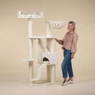 Image de Arbres à chat RHRQuality pour grands chats - Kilimandjaro de Luxe - 195 cm de haut - Avec poteaux en sisal de 12 cm et couchage  Crème