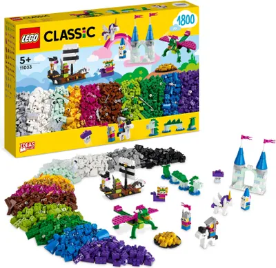 Produktbild von LEGO 11033 Classic Fantasie-Universum Kreativ-Bauset, Bauabenteuer mit Einhorn-Spielzeug, Burg, Drache und Piratenschiff, Spielzeug für Kinder ab 5 Jahren