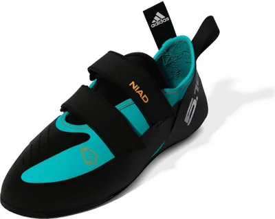 Kletterschuh "NIAD VCS W" von Five Ten in Schwarz und Türkis mit zwei Klettverschlüssen.