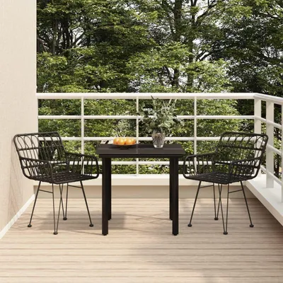 Produktbild von 3-teiliges Garten-Essgruppen-Set aus schwarzem Polyrattan mit Tisch und Stühlen für Balkon, Terrasse und Garten, wetterfeste und pflegeleichte Gartenmöbel