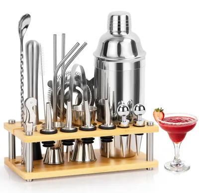 Immagine prodotto di Solidchoice - Set completo per cocktail, shaker in acciaio inossidabile con supporto in bambù - 20 pezzi