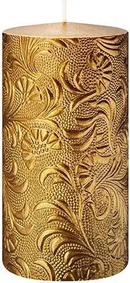 Produktbild von INNA-GLAS Blockkerze VALENTIANO, Florales Muster, gelbgold, 13cm, Ø6,8cm, 52h - Germany - Stumpenkerze