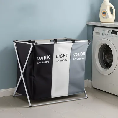 Image de Grand panier à linge pliable Trieur à linge 3 compartiments Sac à linge sale Panier étanche Vêtements Classification Boîte à linge