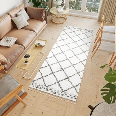 Produktbild von Teppichläufer Flur Teppich Hochflor Langflor Modern Brücke Wohnzimmer Schlafzimmer Design Creme Grau Fransen 100 x 250 cm