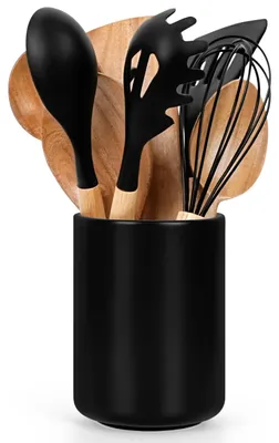 Produktbild von Utensilienhalter Besteckhalter Küchenutensilienbehälter - Keramik - 11,4 x 15,7 cm - Schwarz - Für Küche und Arbeitsplatte