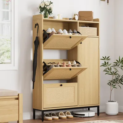 Obrázok produktu pre Skriňa na topánky s 3 zásuvkami a dvierkami z ratanu – úzka komoda na obuv (prírodná duba)