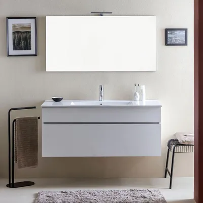 Immagine prodotto di Mobile bagno moderno bianco legno con lavabo da 120 cm e specchio | Sole