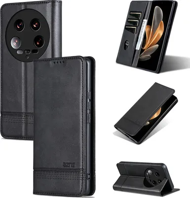 Produktbild von Leder Hülle für Xiaomi 14 Ultra, Klapphüllen Brieftasche Magnetverschluss Ständer Schutzhülle Schwarz