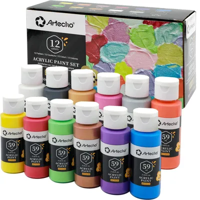 Produktbild von Artecho Acrylfarbe 12 x Metallic Acrylfarben, je 59 ml Flaschen, für Papier, Ton, Holz, Steine – zum Reisen, Malen & Freude verschenken