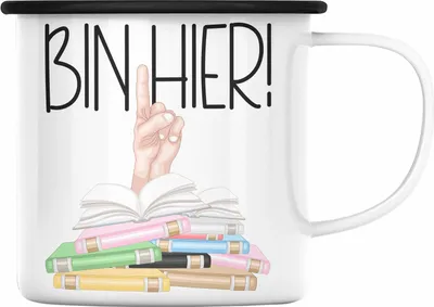 Produktbild von Trendation - Leseratte Geschenk Emaille Tasse Buch Grafik Bücher Lesen Bücherwurm Geschenk Spruch Lesen Bin hier (Schwarz)