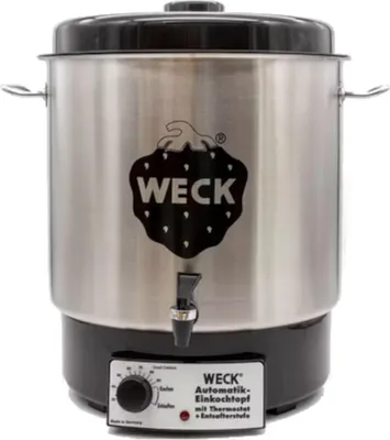 A stainless steel Weck automatic canning pot with a black lid and base, featuring a black strawberry logo and a dispensing tap. A control panel with a dial and indicator light is visible at the base.