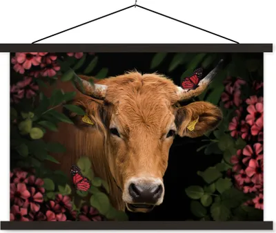 Produktbild von MuchoWow® Textilposter Kuh - Blumen - Tiere - Braun 60x40 cm mit schwarzem Rahmen - Hölzernes