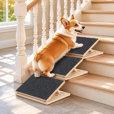 Produktbild von Hunderampen für Treppen, verstellbare Haustiertreppe, Teppichoberfläche, niedriger Winkel, 3er-Pack