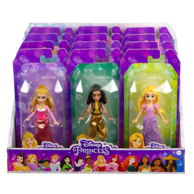 A display box containing multiple Disney Princess dolls in their individual packaging, with a row of princess illustrations at the bottom.
