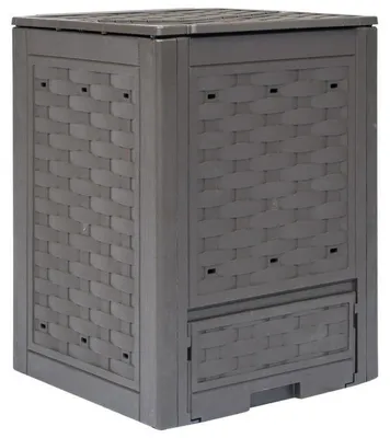 Zdjęcie produktu dla Brązowy kompostownik z tworzywa sztucznego o pojemności 300 litrów i wymiarach 60x60x83 cm, imitujący rattan