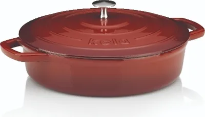 Produktbild von Kela Kasserolle Gusseisen rot emailliert Calido, 28 cm, niedrig, mit Deckel, für alle Herdarten (inkl. Induktion & Backofen), hitzebeständig bis 300°C, nicht spülmaschinengeeignet