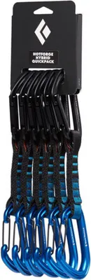 Hotforge Hybrid Quickpack 12 cm 6er ExpressSet von Black Diamond; bestehend aus sechs blauen Karabinern mit schwarzen Bändern.