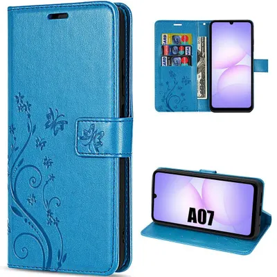 Image de Coque pour Samsung Galaxy A07, Protection Rabat Synthécuir Anti-Rayures Bleu Motif Floral Papillon