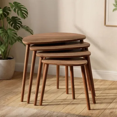Obrázok produktu pre Skye Decor, kvalitný stôl s vkladacími stolíkmi (4 diely), orech, 68 x 55 x 45 cm | 100 % MDF, hrúbka 18 mm, drevené nohy | Ideálny do moderného interiéru, elegantný a funkčný.