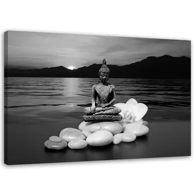 Produktbild von Leinwandbild buddha-figur auf steinen 60x40 cm Feeby grau wandbild bereit zum aufhängen