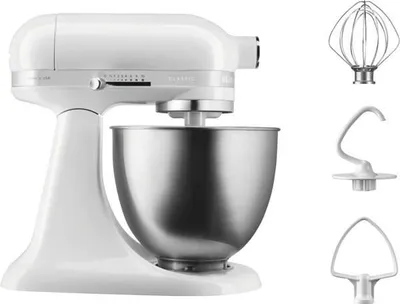 Produktbild von KitchenAid 5KSM3310XEWH CLASSIC Küchenmaschine  Metall-Gehäuse 250 Watt Edelstahl-Rührschüssel 3,3 l Flachrührer Knethaken Schneebesen - Weiss