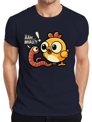 Productafbeelding van "ÄÄH... MIAU?!" Grappig cartoon met kuikens en een worm. Schattig, ideaal voor Pasen. T-shirt voor kinderen of heren, marineblauw, maat L