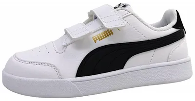 Image de Puma Shuffle V PS : Chaussures de sport pour enfants, baskets basses, couleur blanche, style décontracté