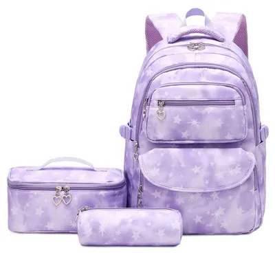Productafbeelding van Schoolrugzak set, 3-delig, meisjes, sterrenmotief, paars, lichtgewicht, met lunchtas en pennenetui