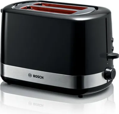 A black Bosch toaster with a silver trim.