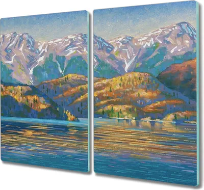 Produktbild von Coloray Kochplattenabdeckung Herdabdeckplatte 2x30x52 cm Hackbrett Schneidebrett Küchenbrett - Malerei See Berge Baum