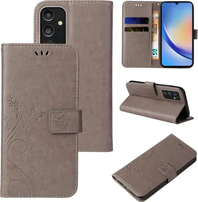 Produktbild von Handyhülle für Samsung Galaxy A34 5G Floral Blumen Schmetterling Flip Cover Hülle Case Klapphülle Handytasche Farbe: Grau