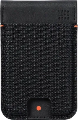 A black RFID card holder with orange accents.