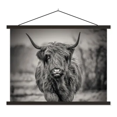 Produktbild von MuchoWow® Textilposter Schottischer Highlander - Schwarz und Weiß 120x90 cm mit schwarzem Rahmen - Aufhänger für Poster