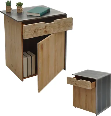 Produktbild von Kommode HWC-L76, Nachttisch Beistelltisch, Industrial Massiv-Holz MVG- 60x50x40cm, natur mit Metall-Optik