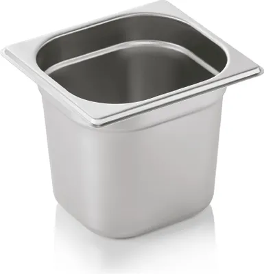 A stainless steel food pan is shown against a white background.