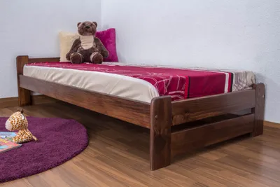 Produktbild von Einzelbett / Gästebett Kiefer Vollholz massiv Nussfarben A9, inkl. Lattenrost - Abmessung 90 x 200 cm