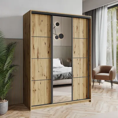Produktbild von Masseno Schiebetürenschrank VARO 150/205/60 cm Kleiderschrank mit Schubladen Schlafzimmer Schrank 3-türig mit Spiegel Eiche Artisan + Schwarz