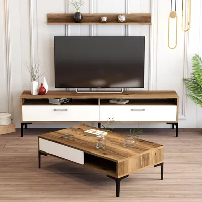 Produktbild von Skye Decor, Moderne Wohnzimmereinrichtung (3 Teile) in Walnuss und Weiß | 100% melaminbeschichtete Spanplatte, 18 mm dick | TV-Ständer, Wandregal & Couchtisch, skandinavisches Design.