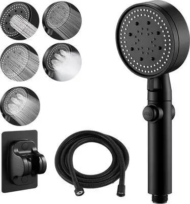 Produktbild von 5 in 1 Einstellbar Duschkopf, mit Wasserstoppventil, Duschköpfe Mit (Schlauch 1.5m), Hochdruck Duschkopf für Badezimmer, Klebemontage, Schwarz