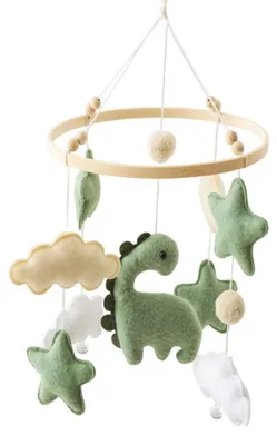 Image de Mobile en bois pour bébé, décoré d'étoiles, de nuages et de dinosaures | Décoration pour lit de bébé | Cadeau pour nouveau-né
