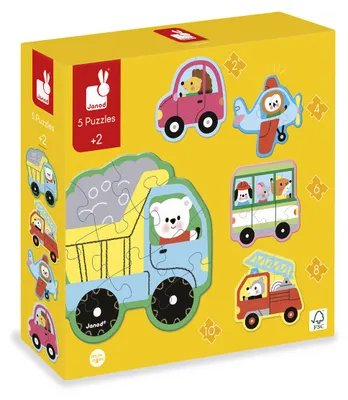 Produktbild von Janod Puzzle Spielzeug - 5-teiliges Set Fahrzeuge und Tiere Puzzles