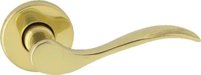A brass door handle on a white background.
