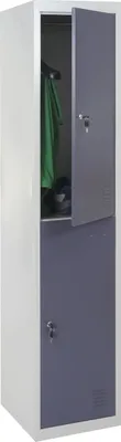 A tall, two-door metal locker with one door open, revealing clothes and shoes inside.