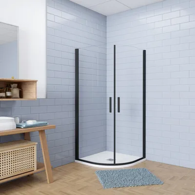 Produktbild von 90x90xH.195cm Runddusche Drehtür Dusche Viertelkreis Schwarz Duschkabine 6mm NANO ESG Sicherheitsglas mit 90x90x3cm Runddusche Duschwanne Viertelkreis runde Duschtasse